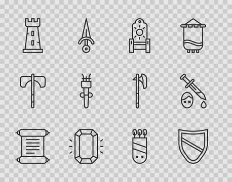 Set line Decree, parchment, scroll, Shield, Medieval throne, Diamond, Castl.. Illustration
