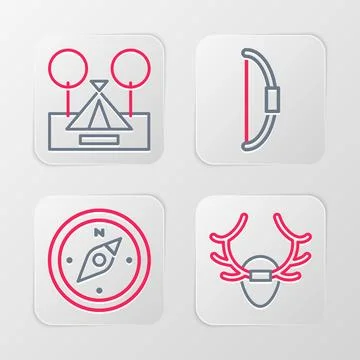 Set line Deer antlers on shield, Compass, Bow and Tourist tent icon. Vector Stock Illustration
