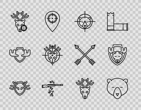 Set line Deer antlers on shield, Bear head, Hunt bear with crosshairs, Gun .. Stock Illustration