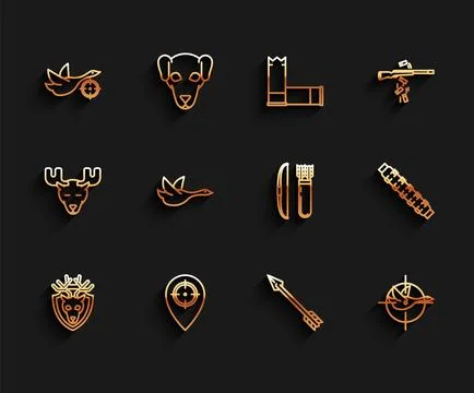 Set line Deer head with antlers on shield, Hunt place, duck crosshairs, Hip.. 库存插图
