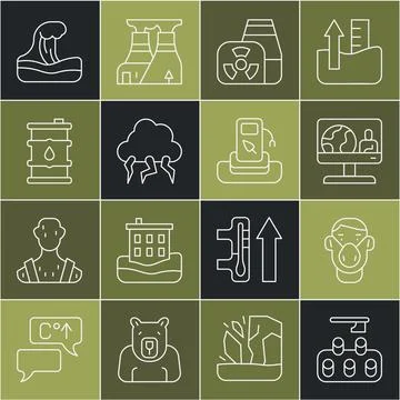 Set line Deforestation, Face in protective mask, Weather forecast, Nuclear power Ilustração Stock