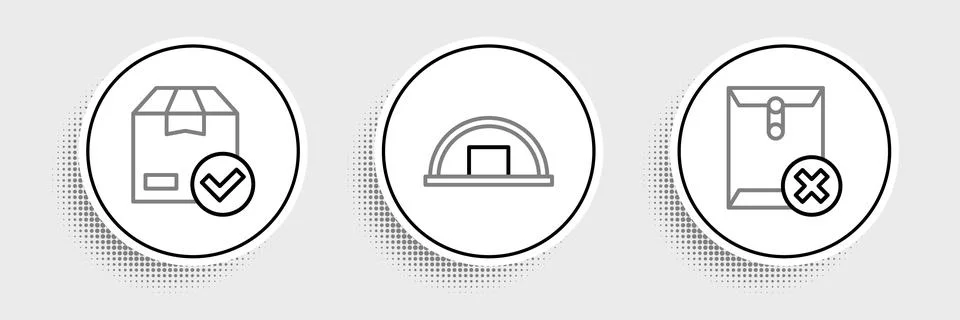 Set line Delete envelope, ackage box with check mark and Warehouse icon. Vector Stock Illustration