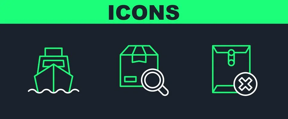 Set line Delete envelope, Cargo ship with boxes delivery and Search package icon Stock Illustration