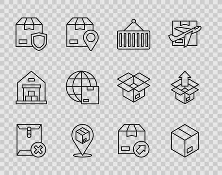 Set line Delete envelope, Carton cardboard box, Container crane, Location with Stock Illustration