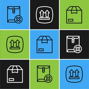 Set line Delete envelope, Carton cardboard box and This side up icon. Vector Stock Illustration