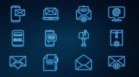 Set line Delete envelope, Chat messages notification on phone, Mail box, Mobi Stock Illustration