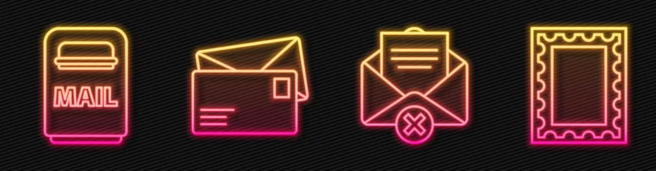 Set line Delete envelope, Mail box, Envelope and Postal stamp. Glowing neon icon Stock Illustration