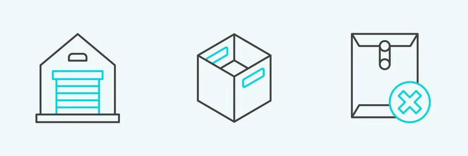 Set line Delete envelope, Warehouse and Carton cardboard box icon. Vector Stock Illustration