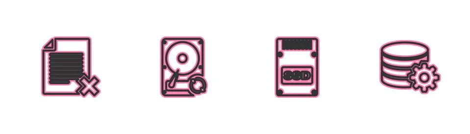 Set line Delete file document, SSD card, Hard disk drive HDD sync refresh and Stock Illustration