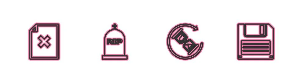 Set line Delete file document, Waiting, Tombstone with RIP written and Floppy Stock Illustration