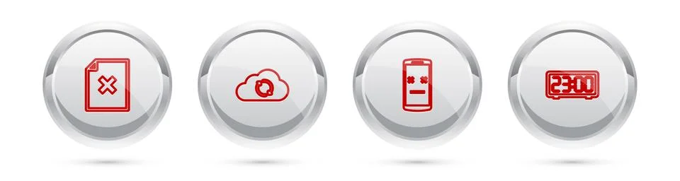 Set line Delete file document, Cloud sync refresh, Dead mobile and Digital alarm Ilustración de archivo