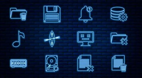 Set line Delete file document, folder, Bell, Kayak and paddle, Music note, tone Illustrazione stock