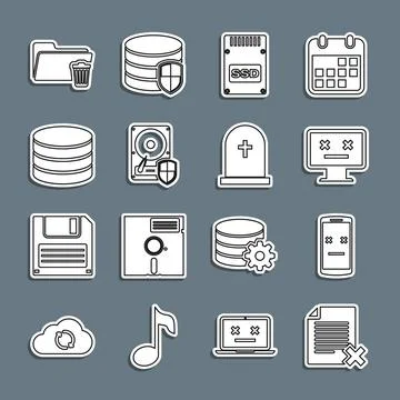 Set line Delete file document, Dead mobile, monitor, SSD card, Hard disk drive Stock Illustration