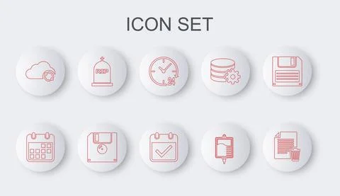 Set line Delete file document, Calendar, Clock 24 hours, IV bag, Cloud sync Ilustración de archivo