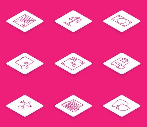 Set line Delete file document, Scales of justice, Stacks paper money cash, Safe Illustrazione stock