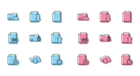 Set line Delete file document, Cloud upload, storage text folder, Document with Stock Illustration