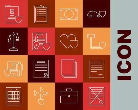 Set line Delete file document, Document, Judge gavel with shield, Stacks paper Stock Illustration