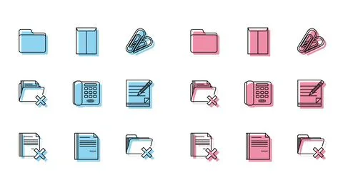 Set line Delete file document, File, Document folder, Telephone, Blank notebook Stock Illustration