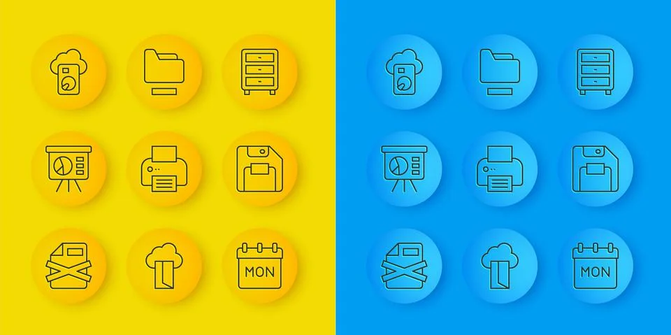 Set line Delete file document, Board with graph, Printer, Calendar, Floppy disk Illustrazione stock