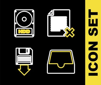Set line Delete file document, Social media inbox, Floppy disk backup and Hard Stock Illustration
