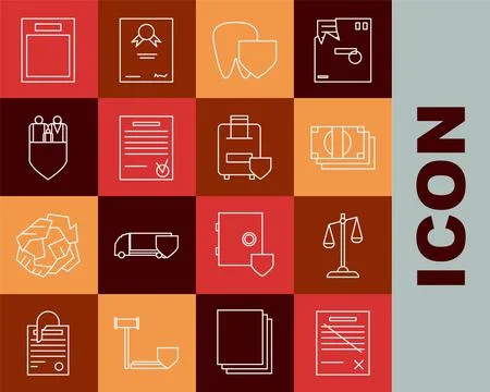 Set line Delete file document, Scales of justice, Stacks paper money cash, Tooth Stock Illustration