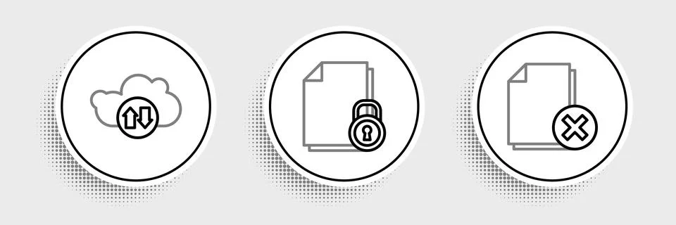 Set line Delete file document, Cloud download and upload and Document lock icon Illustrazione stock