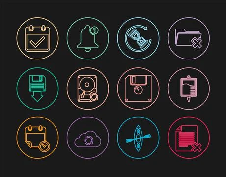 Set line Delete file document, IV bag, Waiting, Hard disk drive HDD sync refr Stock Illustration