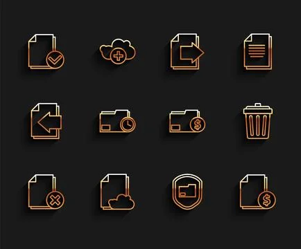 Set line Delete file document, Cloud storage text, Document and check mark, f Illustrazione stock