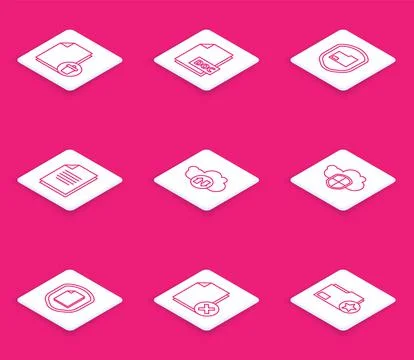 Set line Delete file document, DOC, Document folder protection, Cloud downloa Stock Illustration