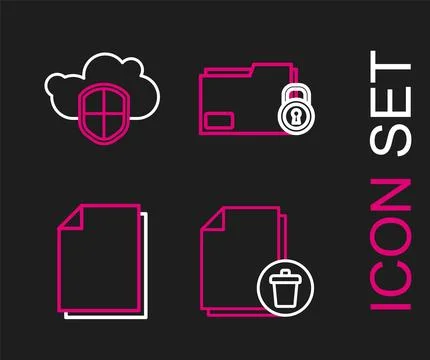 Set line Delete file document, Document, Folder and lock and Cloud shield icon Stock Illustration