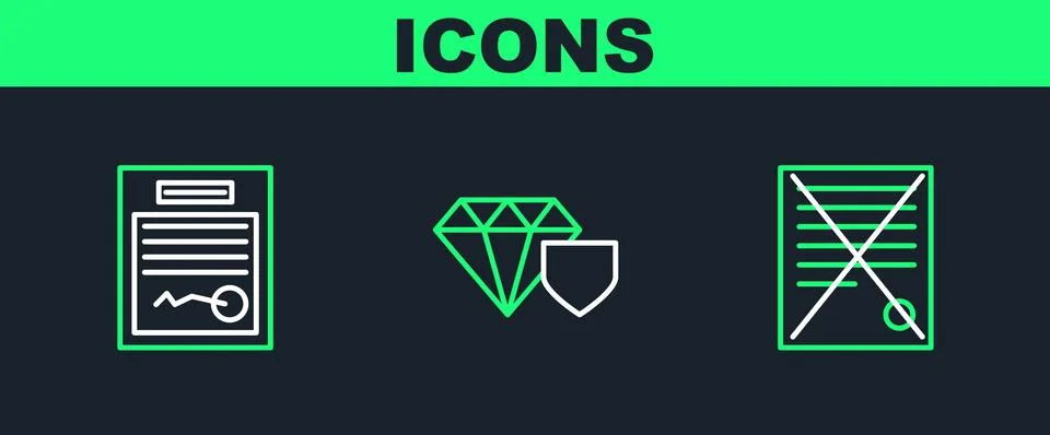 Set line Delete file document, Filled form and Diamond with shield icon. Vector Stock Illustration
