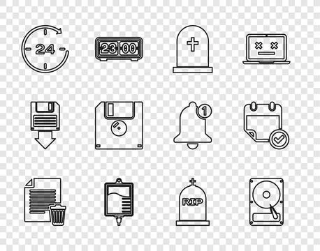 Set line Delete file document, Hard disk drive HDD, Tombstone with cross, IV bag Stock Illustration