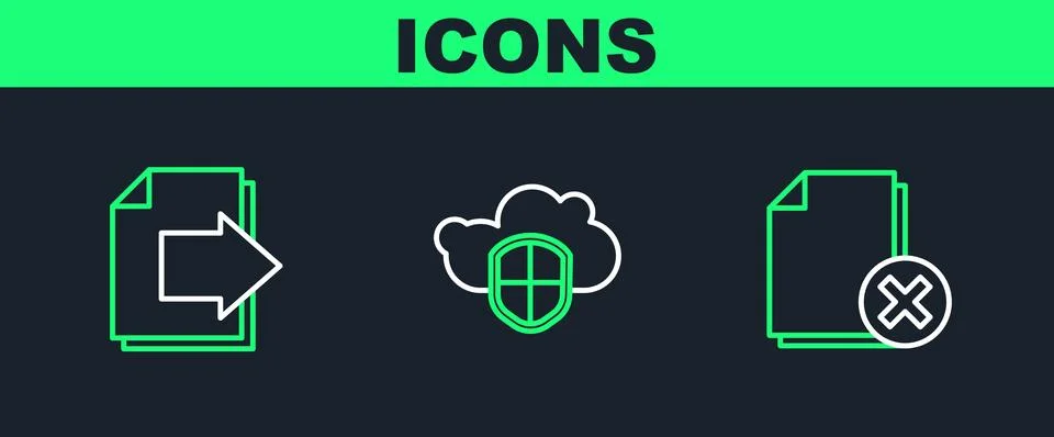 Set line Delete file document, Next page arrow and Cloud and shield icon. V.. Stock Illustration
