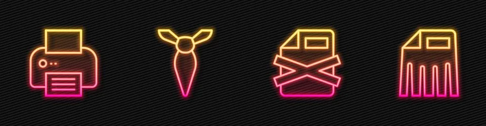 Set line Delete file document, Printer, Tie and Paper shredder. Glowing neo.. Stock Illustration