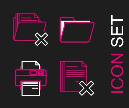 Set line Delete file document, Printer, Document folder and icon. Vector Stock Illustration