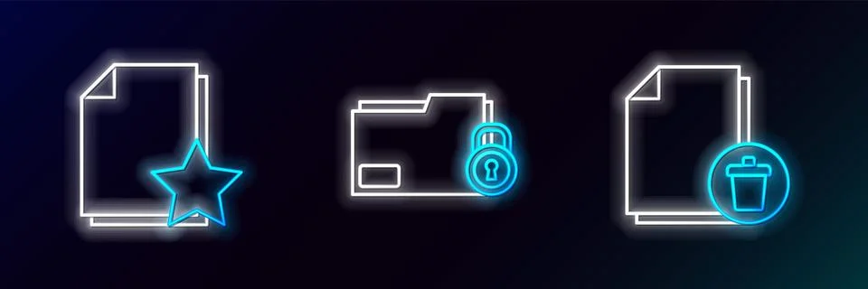 Set line Delete file document Document with star and Folder and lock icon. Gl Illustrazione stock