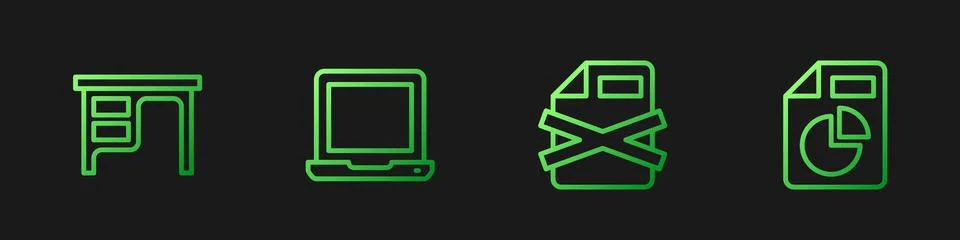 Set line Delete file document, Office desk, Laptop and Document with graph .. Stock Illustration