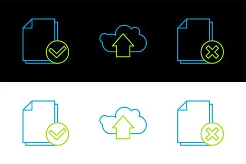 Set line Delete file document, Document and check mark and Cloud upload ico.. Illustrazione stock