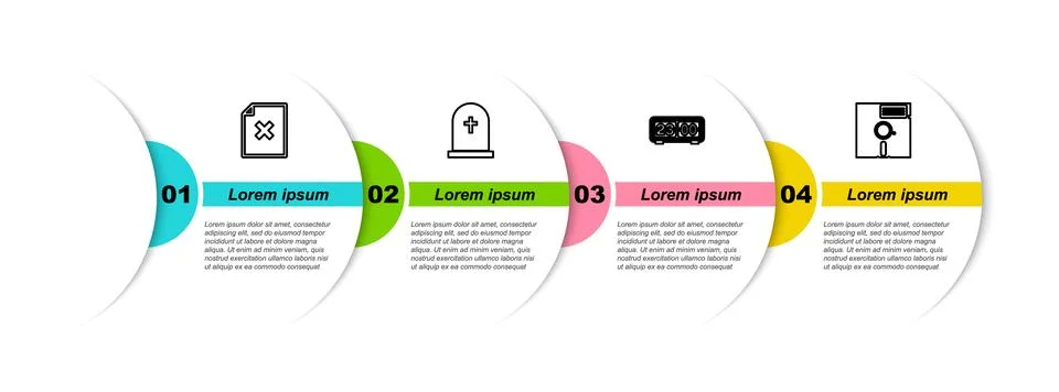 Set line Delete file document, Tombstone with cross, Retro flip clock and Flo Stock Illustration