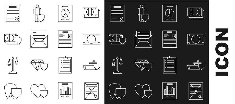 Set line Delete file document, Ship with shield, Stacks paper money cash, D.. Stock Illustration