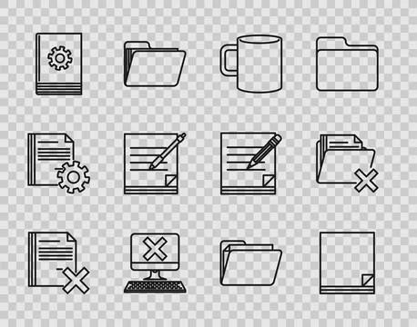 Set line Delete file document, File, Coffee cup flat, Computer with keyboar.. Stock Illustration