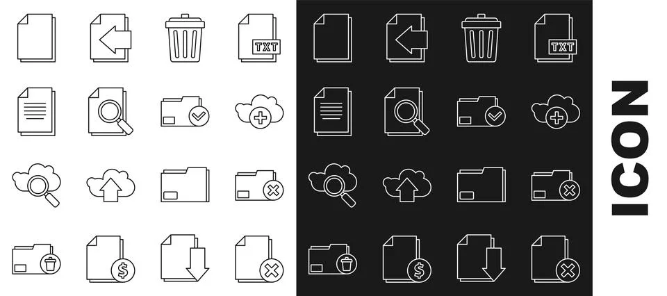 Set line Delete file document, folder, Add cloud, Trash can, Document with .. Stock Illustration