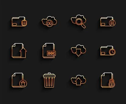 Set line Delete file document, Trash can, Document folder protection, Cloud.. Stock Illustration