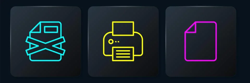 Set line Delete file document, File and Printer. Black square button. Vector Stock Illustration