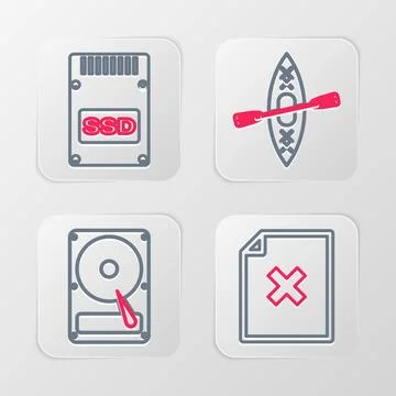 Set line Delete file document, Hard disk drive HDD, Kayak and paddle and SS.. Stockillustratie