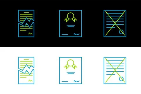Set line Delete file document, Torn contract and Certificate template icon... Stock Illustration