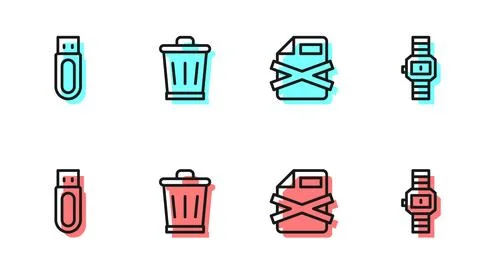 Set line Delete file document, USB flash drive, Trash can and Wrist watch i.. Stock Illustration