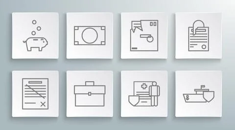 Set line Delete file document, Stacks paper money cash, Briefcase, Medical .. Stock Illustration