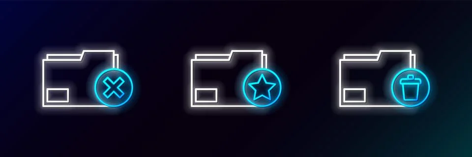 Set line Delete folder,  and Document with star icon. Glowing neon. Vector Stock Illustration