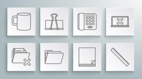 Set line Delete folder, Binder clip, Document, File document, Ruler, Telephone Illustrazione stock